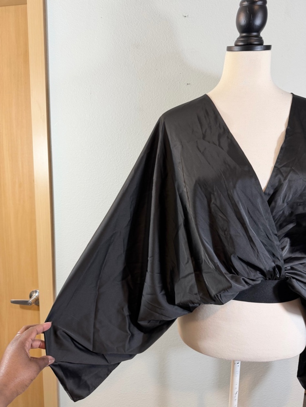 Black Satin Draped Open Back Blouse Size L Dolman Kimono Sleeve Minimalist Goth - Picture 5 of 12